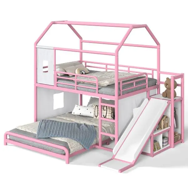 Metal House-Shaped Playhouse Bunk Bed with Slide, Ladder, LED Light Strip, Privacy Curtain, Movable Storage Cabinet & Hanging Rod (Indoor Furniture Bed Frame)