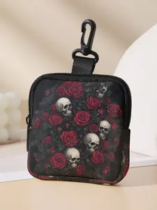 Skull Rose Pattern Coin Wallet, Zipper Wallet Design, Zip Up Wallets, Multifunctional Storage Bag, Durable Polyester, Digital Printing, Key Card Holder, Ideal Gift, Valentine's Day