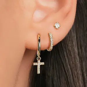 3 Pairs Golden Earring Set For Women Dainty Cross Dangle Drop Earrings Cz Stud Hoop Small Crucifix Earrings Trendy Stacking Earrings Jewelry Easter'S Day Gifts