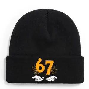 S&T Fun 67 Number Pattern Knitted Hat - Smiley Face and Number 67 Design, Soft and Elastic Unisex Winter Style, Math Theme Christmas Birthday Gift, Funny 67 Pattern (Hand Washable)