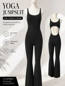 Women's High Waist Flare Yoga Jumpsuit with Contrast Binding Trim Backless Bootcut Workout Onesie, Tummy Control Breathable Moisture-Wicking Athletic Flare Pants for Yoga, Pilates, Gym, Running & Everyday Loungewear