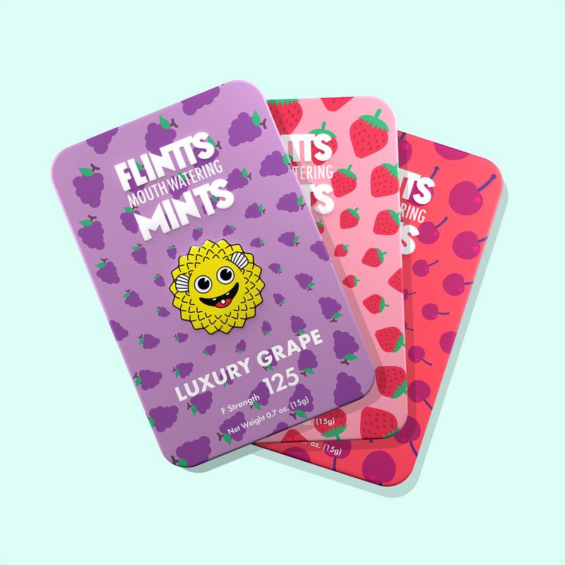 Flintts Mouth Watering Mints Jam Band Variety 3 Pack - Luxury Grape, Strawberry Magic, Cherry - Natural Flavors, Sugar-Free & Vegan, Dry Mouth Mints