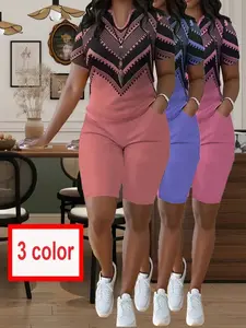 Plus Size Women's Summer Fashion Shorts Suit Short Sleeve Round Neck T-Shirt in 3 Colors Clothing Set