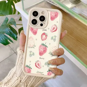 Beautiful Cartoon Phone Case  Pink Strawberry Pattern Case for iPhone 16 15 14 Pro Max 13 12 11 XR XS Plus Shockproof Drop Protection Rugged Durable Silicone Cover
