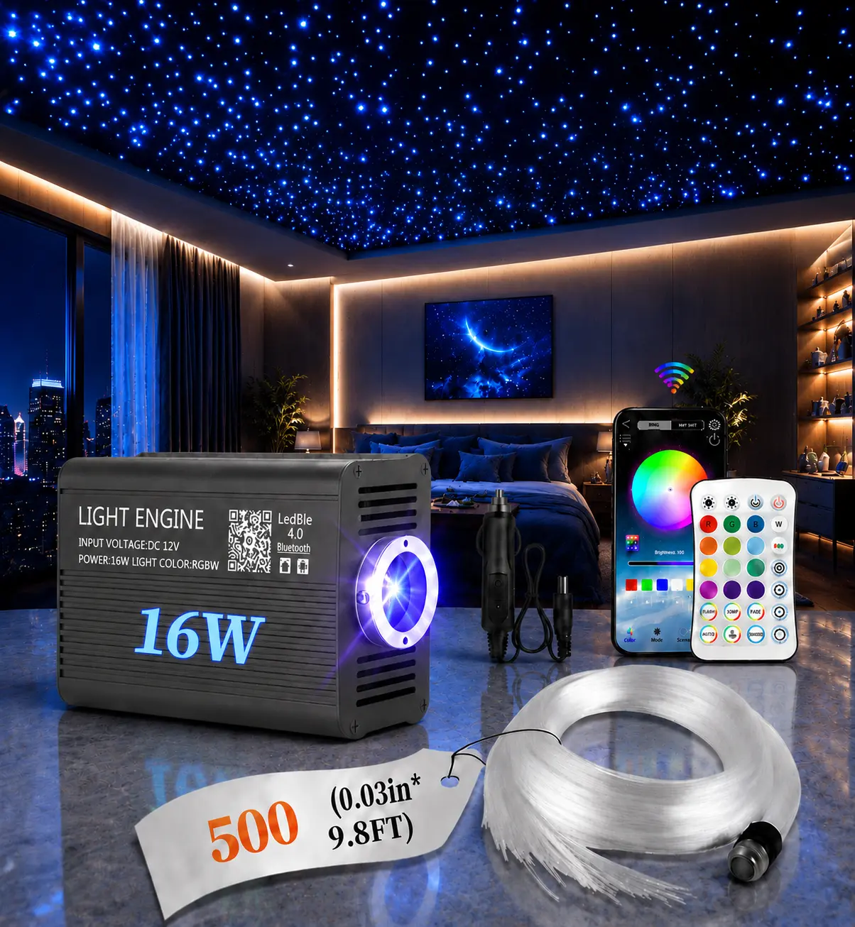 Fiber Optic Starlight Headliner Kit 500PCS 0.03in*9.8ft – 16W RGBW Color Changing Ceiling Lights with DIY Pattern Custom for Car Home Theater Disco Party Professional Animation star