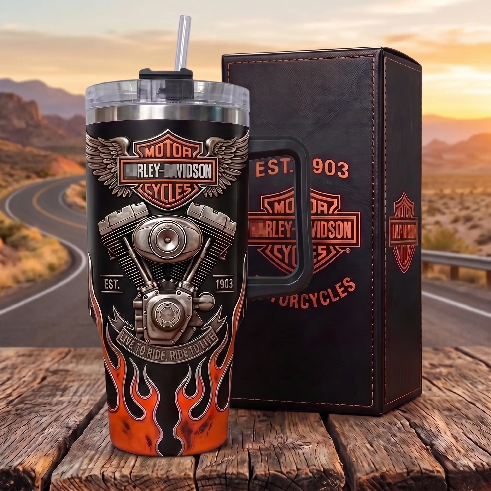 Harley Davids0n Motor Cycles Live To Ride Ride To Live Est 1903 V Twin Engine 40oz Tumbler with Handle Straw, Stainless Steel Travel Mug, Biker Flame Graphic Insulated Cup, Motorcycle Gifts for Men Women