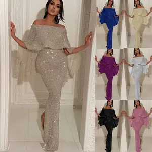 Back Large Ruffle Strapless Off-Shoulder Dress Blingbling Bodycon Slit Evening Gown