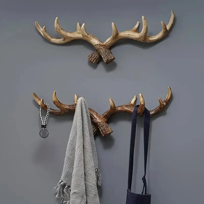 Rustic Resin Deer Antler Wall Hook, Wall Mount Design, Winter Holiday Decoration, Coat & Key Holder, Entryway Wall Art for Home & Retail Displays, Wall Mounted Hook
