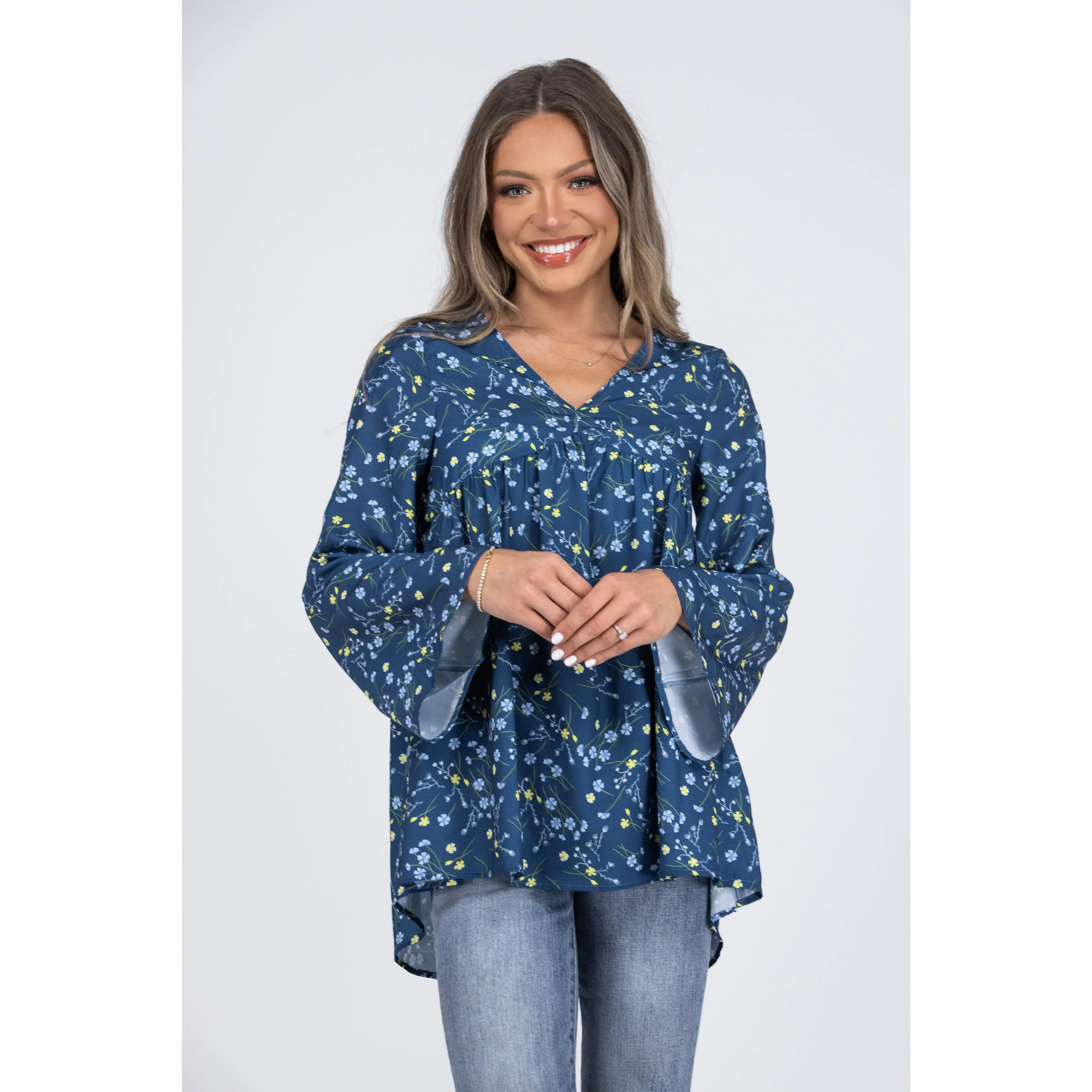 Women's Gorgeous Polyester Baby Doll Long-Sleeve V-Neck Bell Sleeve Top - Soft Fabric Shirt *Final Sale*, Cute Womenswear Blouse
