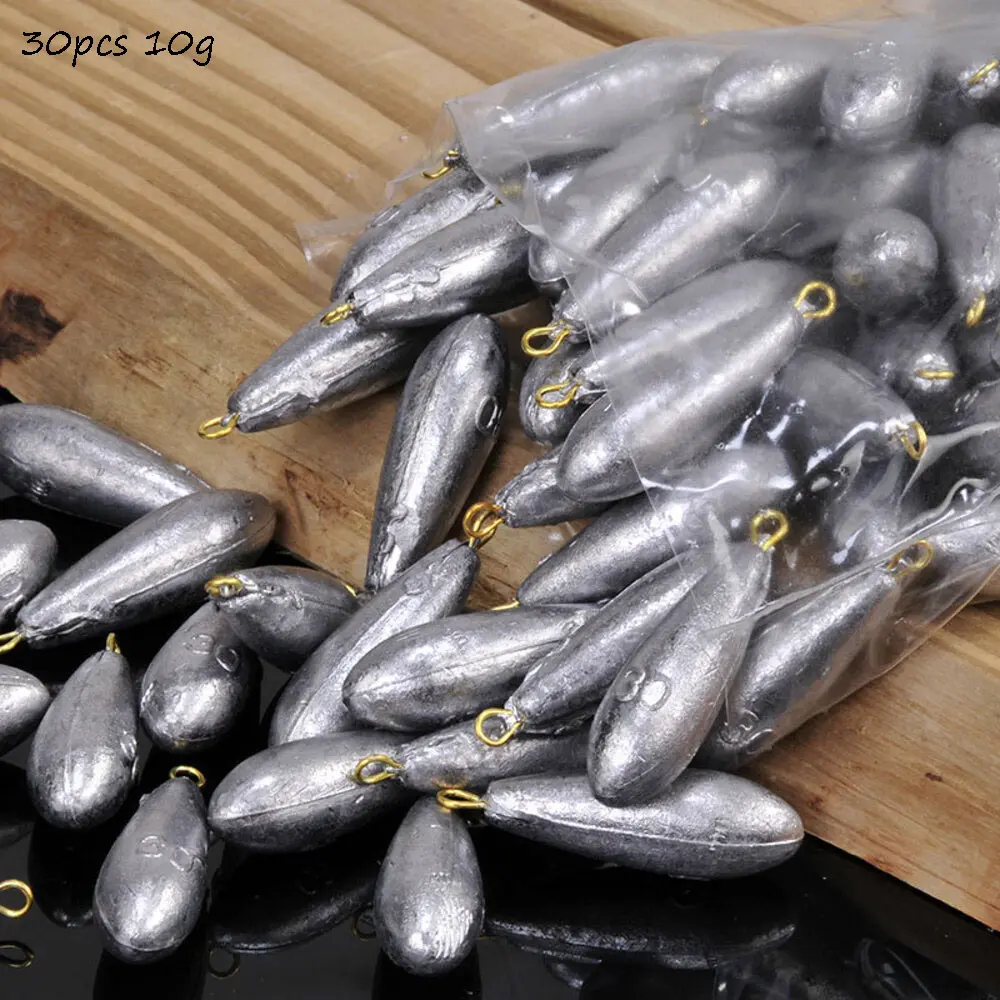 10g Streamlined Teardrop Lead Weight Fishing Sinkers with Brass Swivel Rings, 30pcs Freshwater/Saltwater Fishing Terminal Tackle Accessories