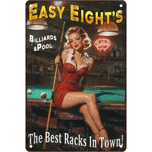 Metal Tin Sign Pin Up Girl Funny Wall Decor Easy Eight‘s Billiard Vintage Room Wall Art Poster for Bar Man Cave Garage Club Decor 8x12 Inch