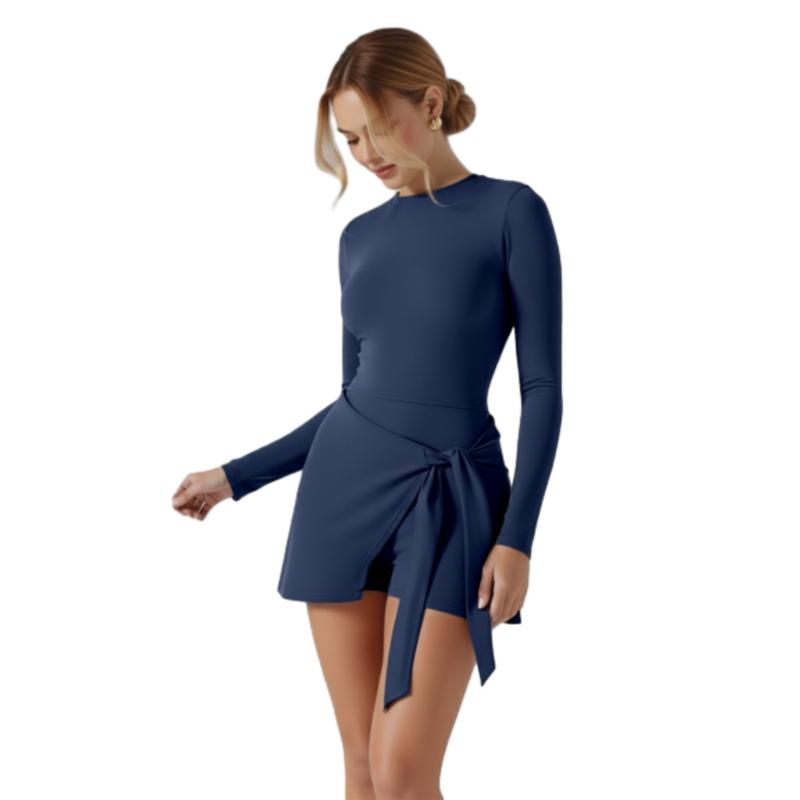 Women's Long Sleeve Solid Color Tennis Dress with Side Slit & Built-in Shorts for Yoga Golf & Athletic Activities High Stretch Nylon Sports Dress Crew Neck Spring Summer