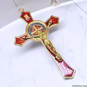 Large St. Benedict Crucifix Pendant 4.7" Red Enamel Catholic Cross Jesus Christ Spiritual Protection Amulet Home Car Wall Decor Gift