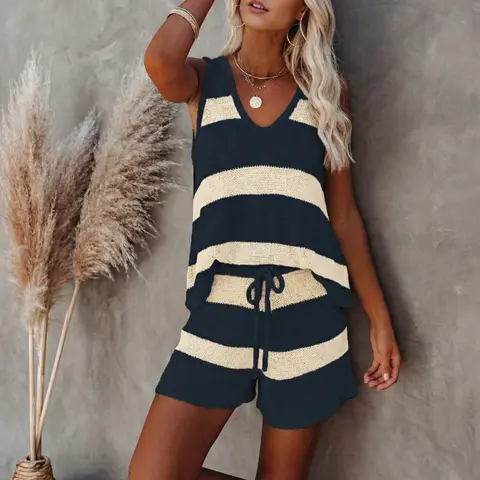 Women's Two-Piece Set, Elegant Chic V-Neck Sleeveless Colorblock Knit Vest and Drawstring Shorts, Casual Beach Holiday, Summer Vacation Style, Daily Wear, Casual Fitted Set