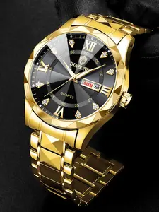 Men's Business Fashion Rhinestone Decor Analog Quartz Watch, Calendrier Waterproof Watch for Party, Daily Decor, Trendy Exquisite Watch for Birthday Gift with Box, Business Fashion Watches