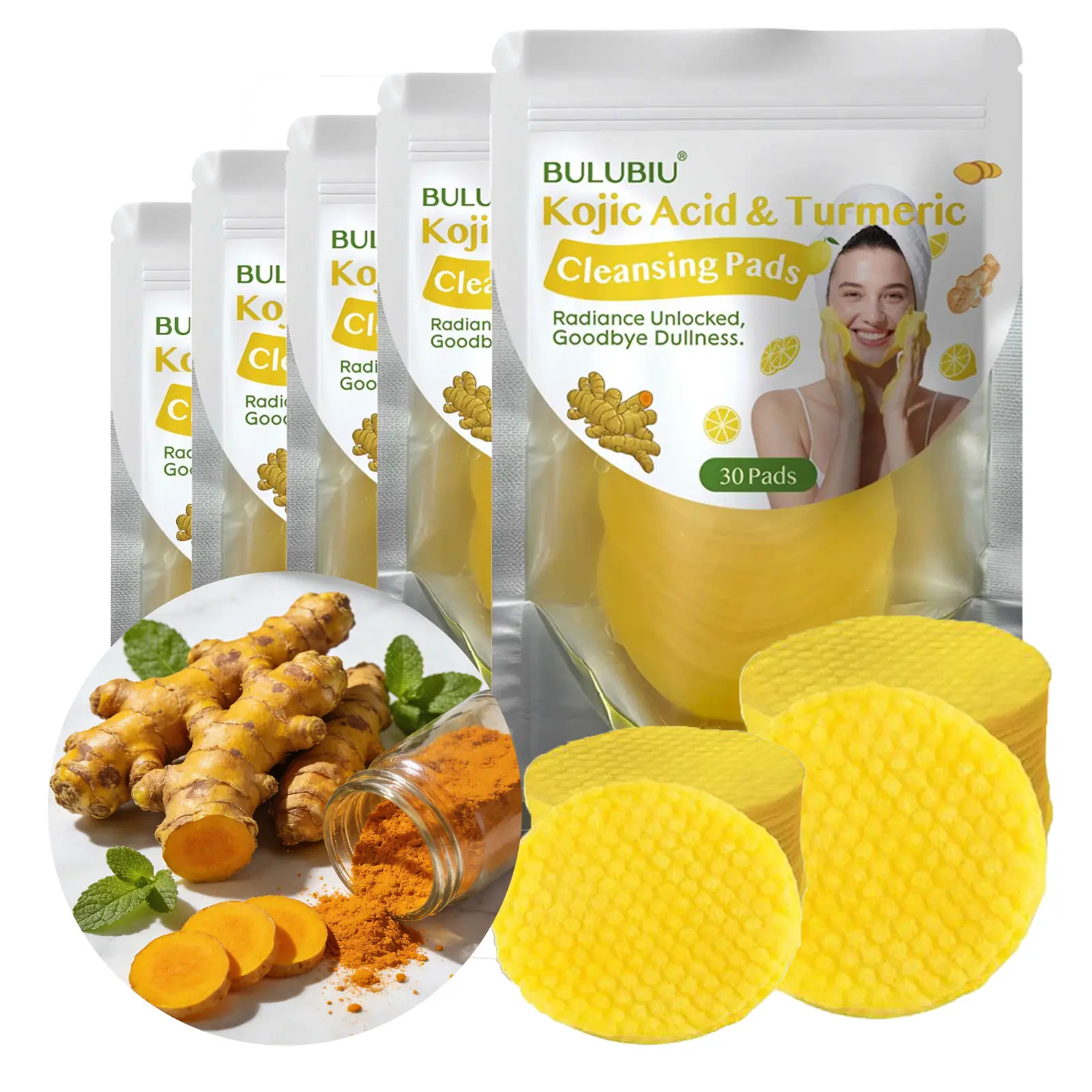 Kojic Acid Turmeric Face Cleaning Wipes with Foam, Oil-Control Cosmetic Soft Compressed Facial Sponges (Buy 1 Get 4 Free, Total 150 Pads) for Exfoliating, Smoothing Skin Texture, Dark Spots Reduction – Suitable for All Skin Types