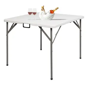 34" Foldable Square Table – White Blow Molding Tabletop with Gray Frame, Portable Family Picnic, Camping, BBQ, Game Table, Collapsible Serving and Outdoor Dining Table