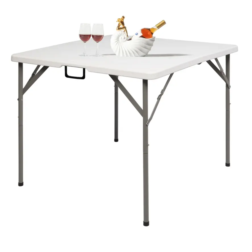 34" Foldable Square Table – White Blow Molding Tabletop with Gray Frame, Portable Family Picnic, Camping, BBQ, Game Table, Collapsible Serving and Outdoor Dining Table