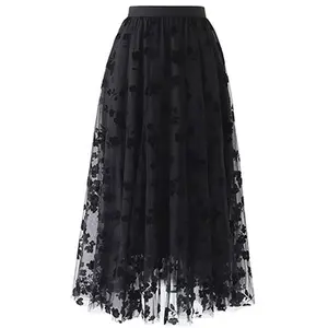 THE12TH Women’s 3D Posy Double-Layered A-Line Midi Skirt with Elastic Waist, Floral Print Mesh Bottom — Comfortable Lady Skirt