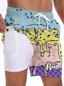 Men's Blue Ice Cream Print Swim Trunks, Dual-Layer Lining with Practical Pockets, Drawstring Waist, Quick-Dry Breathable, Casual Style, Swimwear Shorts