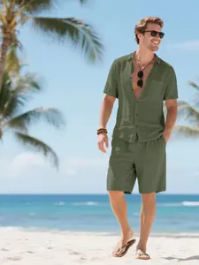 Men's Solid Color Linen Shirt & Shorts Set, Regular Fit Casual Short Sleeve Button Down Top & Shorts, Men's Summer Set for Vacation Holiday Beach
