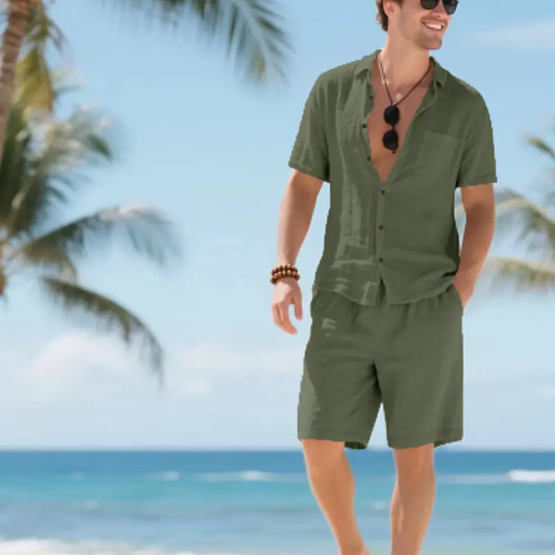 Men's Solid Color Breathable Linen Shirt & Shorts Set, Casual Outfit Set, Regular Fit Classic Casual Short Sleeve Button Down Top & Shorts, Men's Tropical Summer Outdoor for Vacation Holiday Beach