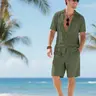 Men's Solid Color Breathable Linen Shirt & Shorts Set, Casual Outfit Set, Regular Fit Classic Casual Short Sleeve Button Down Top & Shorts, Men's Tropical Summer Outdoor for Vacation Holiday Beach
