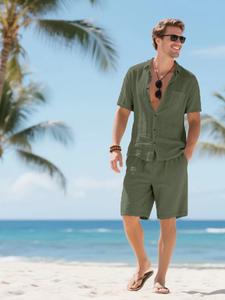 men's solid color linen shortsleeve shirt & shorts set, regular fit casual short sleeve button down top & shorts, men's summer set for vacation holiday beach, menswear