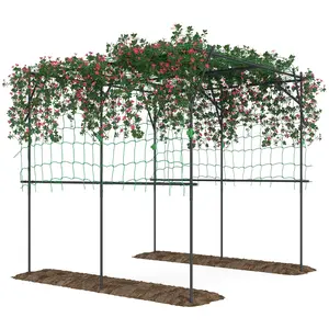 Garden Arch Trellis – Black. 7.3 FT Tall Metal Plant Trellis Support with Climbing Net. 87.8" x 87.8" x 87.8". Adjustable Spacing. PE-Coated Steel. Triangular Support
