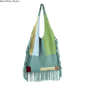 Vintage Tassel Knit Tote Bag for Women, Trending Color Block Boho Shoulder Handbag, Artistic Large Capacity Woven Carryall, Casual Travel Shopping Beach Vacation Everyday Fashion Bag