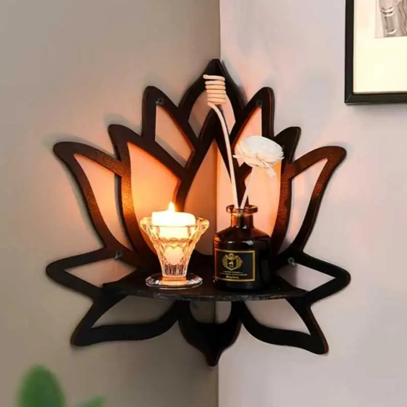Wooden Lotus Corner Shelf, Floating Wall Mount Design Rack, Decorative Hollow Out Decoration, Aromatherapy Storage, Essential Oil Candle Holder, Mounted Shelf, Shelf For Wall