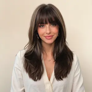 DWY Solana -DWY New Technology Bionic Silk Top 20-Inch Long Wave Dark Brown Glueless Synthetic Wig with Bangs for Women High-Quality Premium Fiber Easy Wear Comfortable Fit