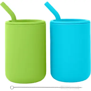 Silicone Baby Cups With Straws and Lids, 4 & 8 oz Options, Set of 2, Food Grade Toddler Training Container, Built In Straw Stoppers, Measurement Markings, Dishwasher Safe + Straw Cleaner
