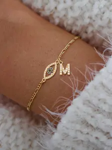 Women's Stainless Steel Figaro Chain Bracelet, Classic Eye Letter Pendant Design, Casual Style Jewelry Accessory for All Seasons