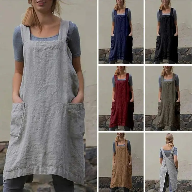 Women's Cotton Linen Apron - Lightweight Cross Back Pinafore for Kitchen Cleaning, Baking, Gardening - Ideal Home Supplies Gift, Cotton Linen Aprons for Work