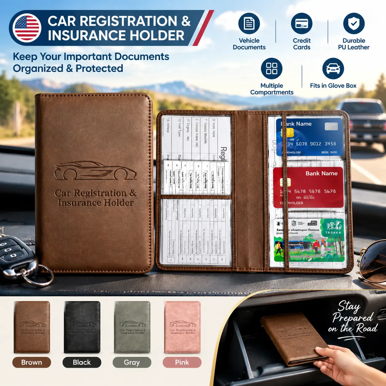 Leather Car Registration and Insurance Holder - Magnetic Glove Box Auto Document Wallet & Card Organizer