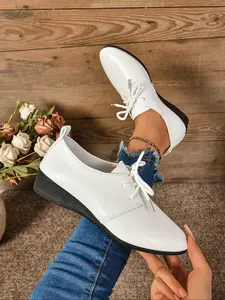 Women's Lace-Up Leather Walking Shoes, New Versatile Pointed Toe Flat Single Shoe, Fashionable Comfortable Casual Daily Wear Footwear, Rubber