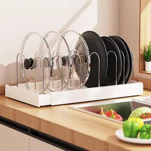Expandable Pot and Pan Organizer Rack for Cabinet, 7 Adjustable Stainless Steel Dividers (Creates Up to 8 Storage Sections), Durable Rust Resistant Storage for Cookware Bakeware, Outdoorfun, Apartment RV, Adjustable 30.5-56 cm Shelves, 1 Pcs (White/Grey)