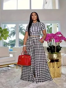 Women's Houndstooth Fashion Round Neck Crop Top Slim Fit Set, High Waist Wide Leg Pants Two-Piece, Spring & Fall Casual Outfit A1302