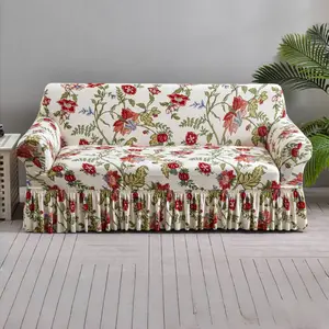 Floral Print Sofa Cover, 1 Count Soft Slipcover with Ruffle Trim, Stretch Furniture Protector for Home Living Room Bedroom Office, Home Decor, Elastic Sofa Slipcover