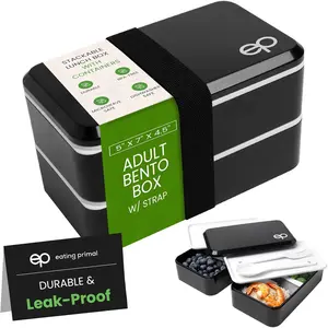 Stackable Bento Lunch Box for Adults with Utensils - Leakproof Bento Box Adult Lunch Box Containers w/ Compartments & Dividers, BPA-Free, Microwave/Dishwasher Safe, 5" x 7" x 4.5", Black w/ Strap