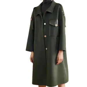 Olive green single-breasted cashmere winter long wool coat women