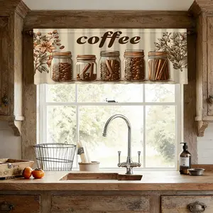 1pc Coffee Bean and Spice Jar Pattern Kitchen Curtain, Perfect for Coffee Corner or Cooking Area, Cozy Atmosphere, Home Decor Valance