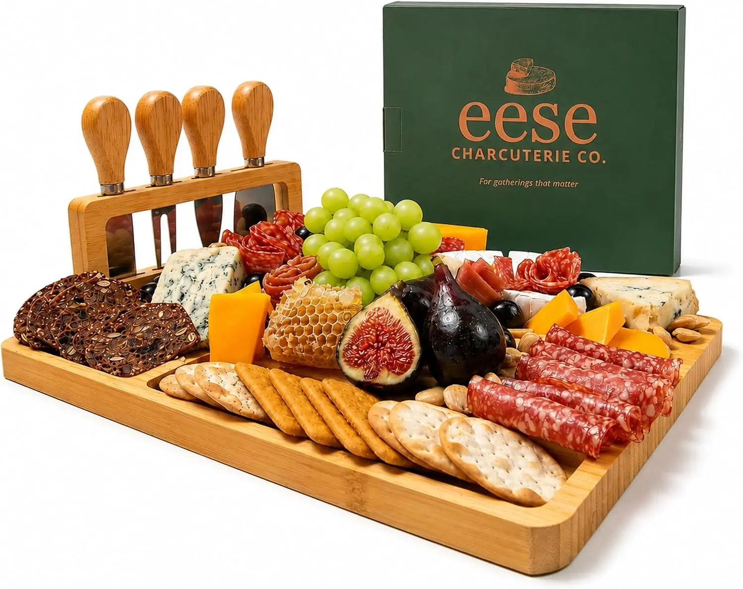 Eese Charcuterie Board Set, 14 X 11 Inch Bamboo Cheese Board with Cheese Knife Set, Deep Groove Serving Tray, Screw-Mount Utensil Holder, Gift for Housewarming & Entertaining Eese Charcuterie Co.