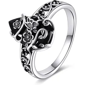 Black Tourmaline Ring Sterling Silver Vintage Black Ring Crystal Healing Jewelry Spiritual Protection Gifts for Women