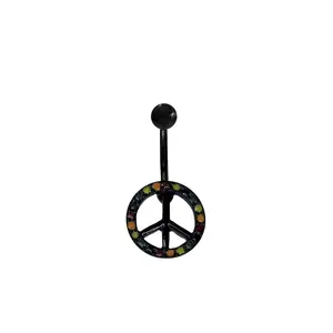 Black Multicolor Enamel Peace Sign Belly Navel Ring 14g