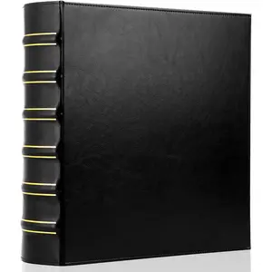 Vintage Hardback 3 Ring Binder 2 Inch, Professional Leather D Ring Binder, Holds 400 Sheets Capacity - Black