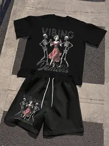 Halloween Ghost Skeleton Pumpkin Short Sleeve & Shorts Set - Soft Breathable Fabric