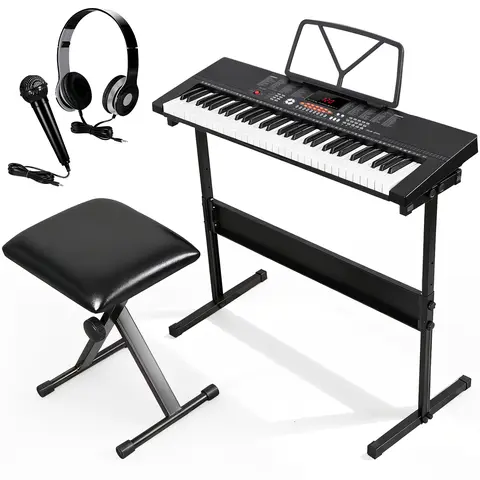 Segawe 61-Key Electronic Piano Keyboard Kit Bundle - Beginner-Focused Portable Digital Piano with LED Digital Display, Music Stand, Headphones, Microphone, AA Power Compatibility, Foldable Stool for Hobby, Birthday, Festival Use