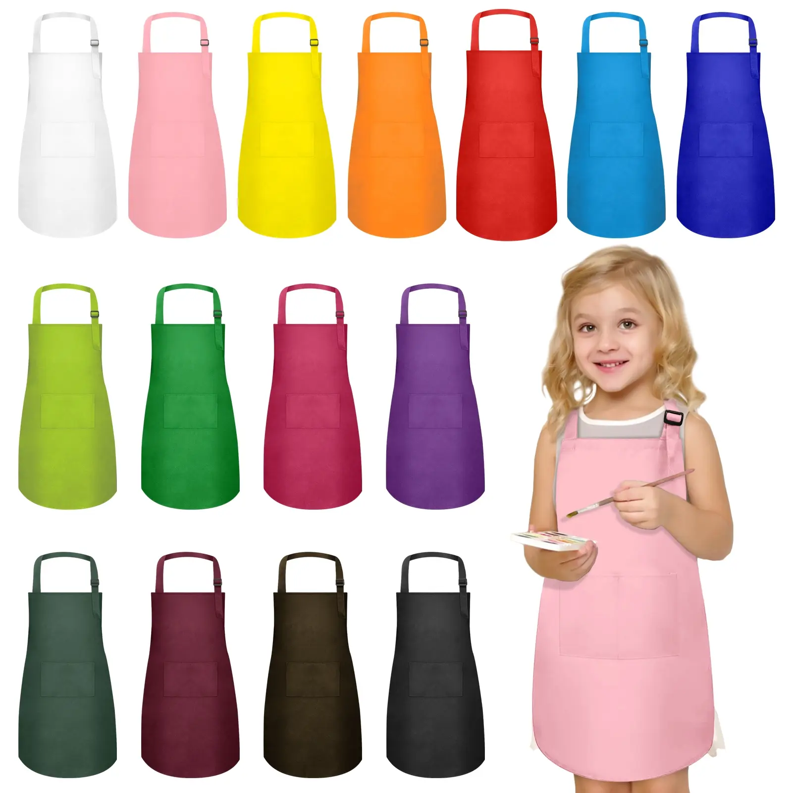 2 Pack Adjustable Kids Art Smock Apron Set, Durable Cooking & Painting Watercolor Paint Apron with Pockets, Ideal for Boys Girls Kitchen Crafts Activities